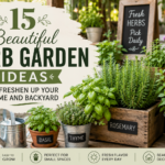 Beautiful outdoor herb garden with basil, rosemary, mint, and decorative planters