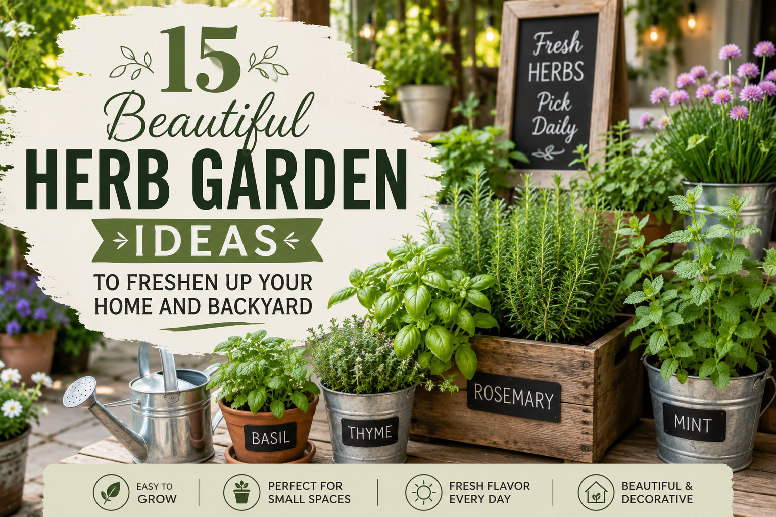 Beautiful outdoor herb garden with basil, rosemary, mint, and decorative planters